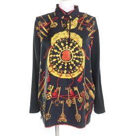 極美品★HERMES エルメス LES CLES THE KEYS RARE シルク カシミヤ混 ツイルレーヌ 長袖ポロシャツ ブラック M イタリア製 正規品 レディース【中古】