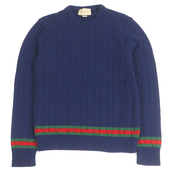 極美品□GUCCI グッチ 673489 カシミヤ ウール ウェブライン クルーネック ケーブルニット セーター ネイビー M イタリア製 正規品 メンズ【中古】