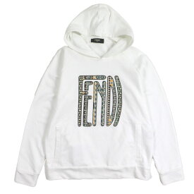 極美品▼FENDI フェンディ 2020年製 FAF595 ロゴプリント ロングスリーブ プルオーバー パーカー ホワイト L イタリア製 正規品 メンズ【中古】