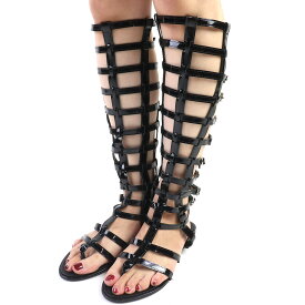 極美品△CHANEL シャネル パテントレザー ベルトデザイン グラディエーター ロング サンダル 希少 ブラック 37.5 箱・保存袋付き イタリア製 レディース【中古】