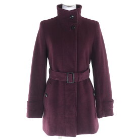 美品△BURBERRY LONDON バーバリーロンドン アンゴラ ウール 裏地チェック柄 ロゴボタン ベルト付き スタンドカラー コート ボルドー 38 正規品 レディース【中古】