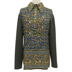 極美品▲HERMES エルメス ヴィンテージ ツイルレーヌ CHASSEEN INDE シルク100％ ウール100％ マルジェラ期 長袖ポロシャツ マルチ M イタリア製 正規品 レディース【中古】