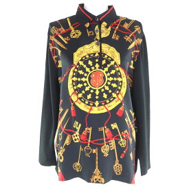 極美品◇HERMES エルメス LES CLES THE KEYS RARE シルク カシミヤ混 ツイルレーヌ 総柄 ニット 長袖ポロシャツ ブラック S レディース【中古】
