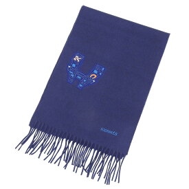 未使用品▲HERMES エルメス IMPRIME HERMES ODYSEE カシミヤ100％ Hロゴデザイン フリンジ付き マフラー ネイビー 箱付き 英国製 メンズ【中古】