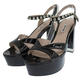 極美品▲Miu Miu ミュウ ミュウ パテントレザー ビジュー装飾 アンクルストラップ チャンキーヒール サンダル ブラック 38 イタリア製 レディース【中古】