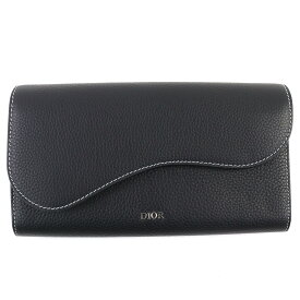 未使用品△DIOR ディオール オム サドル グレインドカーフスキン ロゴ金具 レザー ロングウォレット フラップ 長財布 ブラック 箱・保存袋付き イタリア製 メンズ【中古】