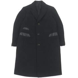 極美品□HERMES エルメス カシミヤ100％ ラムレザーパイピング シングル チェスターコート ロングコート ブラック 50 イタリア製 メンズ【中古】