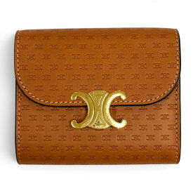 未使用品★CELINE セリーヌ 10D78 スモールフラップウォレット トリオンフエンボスレザー 三つ折り財布 ブラウン イタリア製 レディース 保存袋付き 【中古】