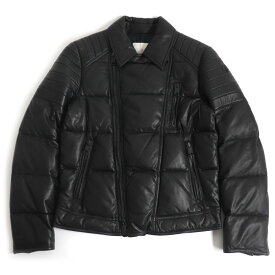 良品□MONCLER/モンクレール LECLERC ロゴワッペン付き WZIP ラムレザー ライダース ダウンジャケット ブラック 1 国内正規品 メンズ【中古】