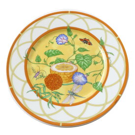 極美品◎HERMES エルメス La siesta シエスタ プレート 皿 食器 陶器 フルーツ×花×昆虫柄 オレンジ×ホワイト 22.5cm【中古】