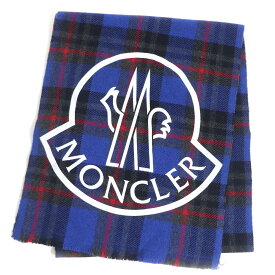 美品□MONCLER/モンクレール SCIARPA タータンチェック柄 ロゴプリント フリンジマフラー/大判ショール ブルー系 UNI イタリア製 正規品【中古】