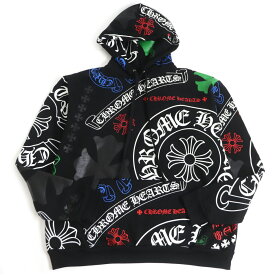 極美品□クロムハーツ STENCIL HOODIE ホースシュー/スクロールラベル/セメタリークロス 総柄 プルオーバーパーカー/フーディー 黒 L USA製【中古】