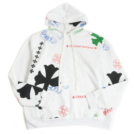 美品□クロムハーツ STENCIL HOODIE ステンシルプリント クロス ホースシューロゴ 裏起毛 プルオーバーパーカー/フーディー 白系 L USA製【中古】