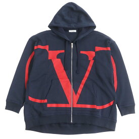 美品□VALENTINO/ヴァレンティノ SV3MF05I5FC Vロゴプリント コットン ジップアップパーカー/フーディー ネイビー XS イタリア製 正規品【中古】