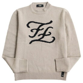 美品●2019年製 FENDI フェンディ FZY018 カシミヤ100％ ロゴ入り クルーネック プルオーバー ニット/セーター ブラウン系 48 伊製 正規品【中古】