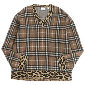 極美品□BURBERRY/バーバリー 4559477 チェック レオパード柄 カシミヤ×モヘア×シルク Vネック 長袖ニット/セーター 茶 L 国内正規品【中古】