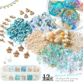 【封入】12種類の海パーツ＆海素材 レジン封入 パーツセット シェイカー デコパーツ 夏 マリン 星の砂 貝殻 珊瑚 イルカ 熱帯魚 亀 泡 蓄光 カンなしチャーム 穴なしパール 手芸 クラフト GK