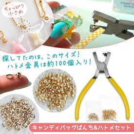 【工具】キャンディバッグぱんち セット ハトメ金具 約100個付き ハトメパンチ 小さめ 内径3mm 穴あけ 打具 道具 ポンチ プレス機 ゴールド 説明書付 手芸 クラフト 工作