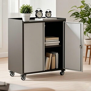 新登場特典付 スチールキャビネット 引戸書庫 棚可動 両開き書庫 スチール書庫 キャスター付き 鍵付き 幅900×奥行460×高さ770mm 移動式ファイル キャビネット ローボード 書棚 本棚 収納 業務