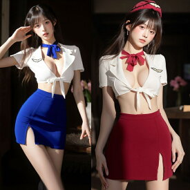 CA コスプレ レディース スチュワーデス 衣装 セクシー ミニスカート フライトアテンダント キャビンアテンダント 制服 上着 Tバック スカーフ ミニハット コスチューム 過激 エッチ 大胆 可愛い ハロウィン イベント キャバドレス 仮装 赤 青 レッド ブルー 春 夏 秋 冬(T)