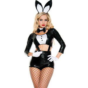 バニーガールセクシーコスプレブラックホワイト黒白パンツサスペンダーバニー服手袋タキシードプレイボーイ風プレイガール風ボンテージ光沢つるつるレオタード衣装かわいい可愛いおしゃれホットパンツショートパンツハロウィンあす楽