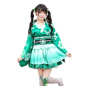 浴衣 着物 セット レディース ドレス 姫系 リボン 衣装 大人 コスプレ ミニドレス かわいい 可愛い キャバドレス ワンピース 花柄 レース フリル 大人用 服 コスチューム よさこい セクシー ミニ丈 祭り ミニ浴衣 パーティー ハロウィン フレアスリーブ 和柄 緑 グリーン(T)