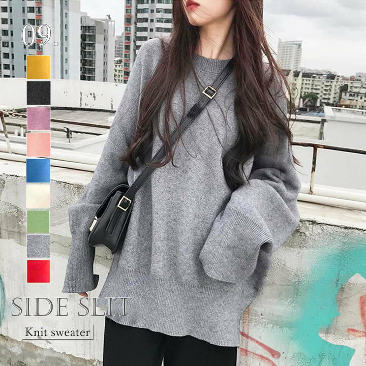 楽天市場 レディース ニット トップス サイドスリット セーター ニット プルオーバー 長袖 韓国 ファッション 服 韓国服 洋服 かわいい 可愛い おしゃれ レディースファッション アパレル カジュアル T グリンファクトリー