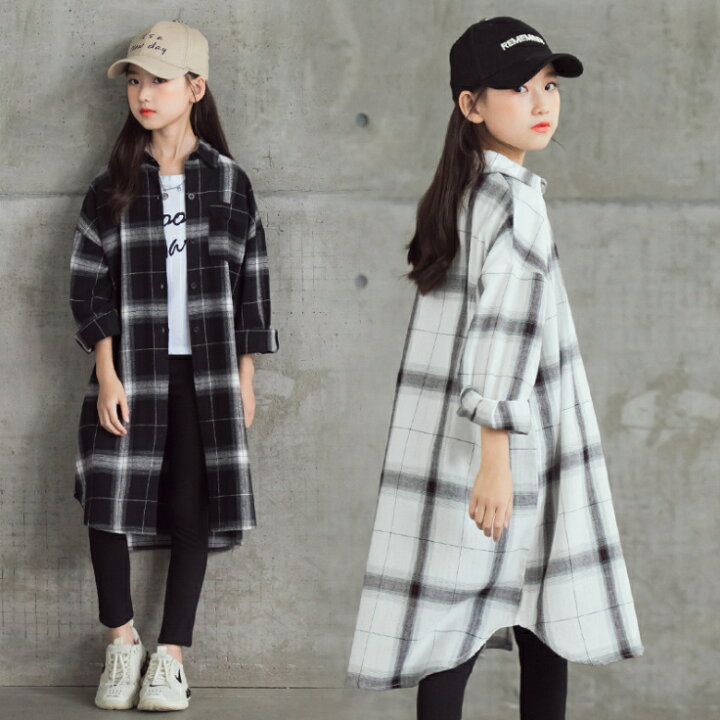楽天市場 韓国ファッション ガールズ 女の子 レディース 子供服 ワイシャツ 綿 ロングタイプ チェックシャツ 親子でお揃いコーデに T グリンファクトリー