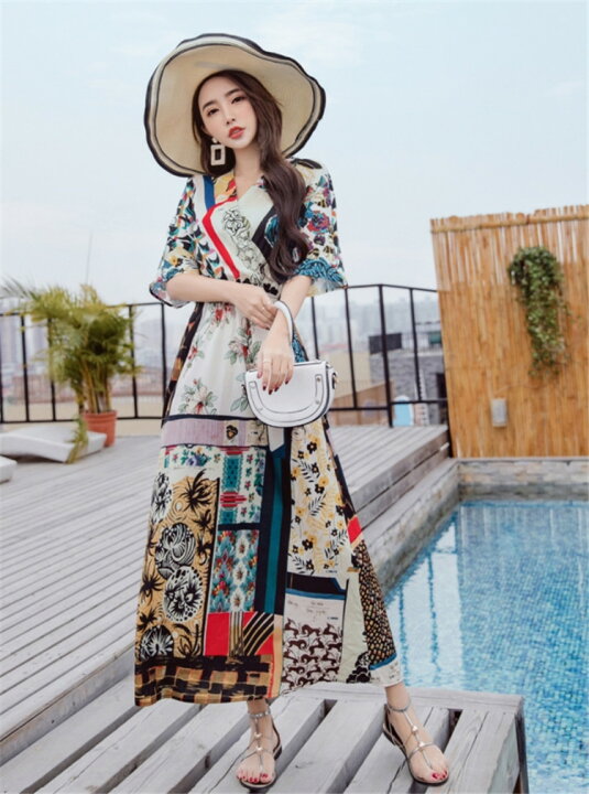 楽天市場 韓国ファッション デザイン エスニック ボヘミアン 五分袖 Vネック マキシワンピース K T グリンファクトリー