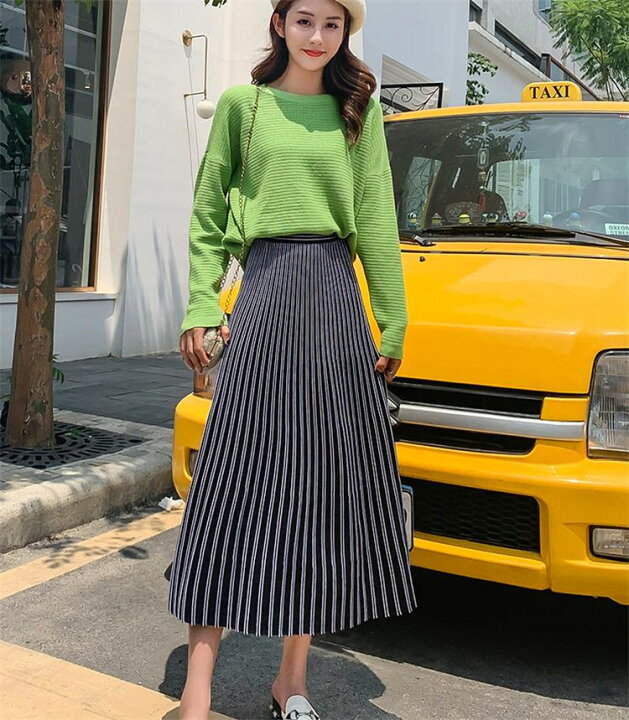 楽天市場 甘辛コーデならおまかせ トレンド ハイウエスト ストライプ スリム 学院風 ニット ロングスカート K T グリンファクトリー