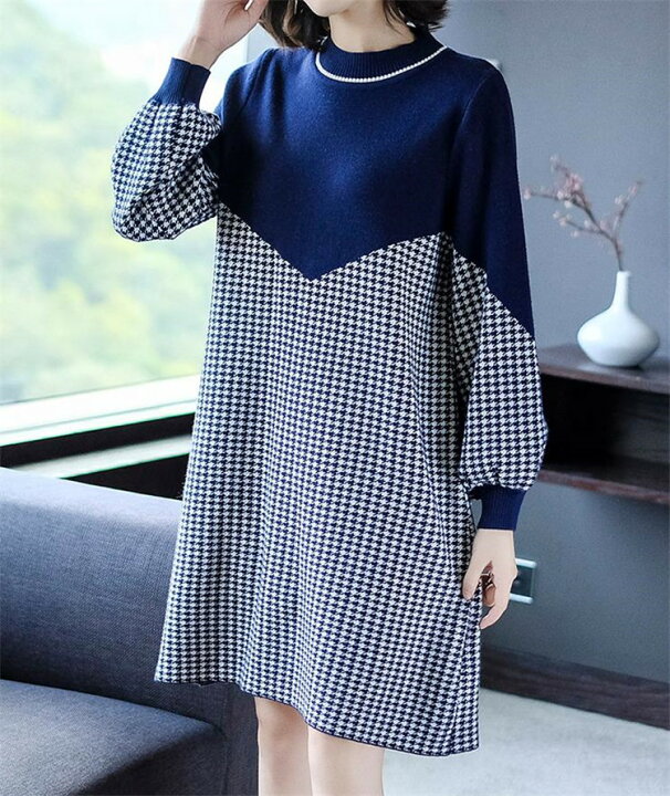 楽天市場 千鳥格子 ワンピース ゆったり 長袖 縫付 ニットワンピース T グリンファクトリー