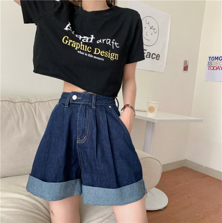楽天市場 すっきり美人 薄い レトロ デニムショートパンツ ハイウエスト ワイドパンツ K T グリンファクトリー