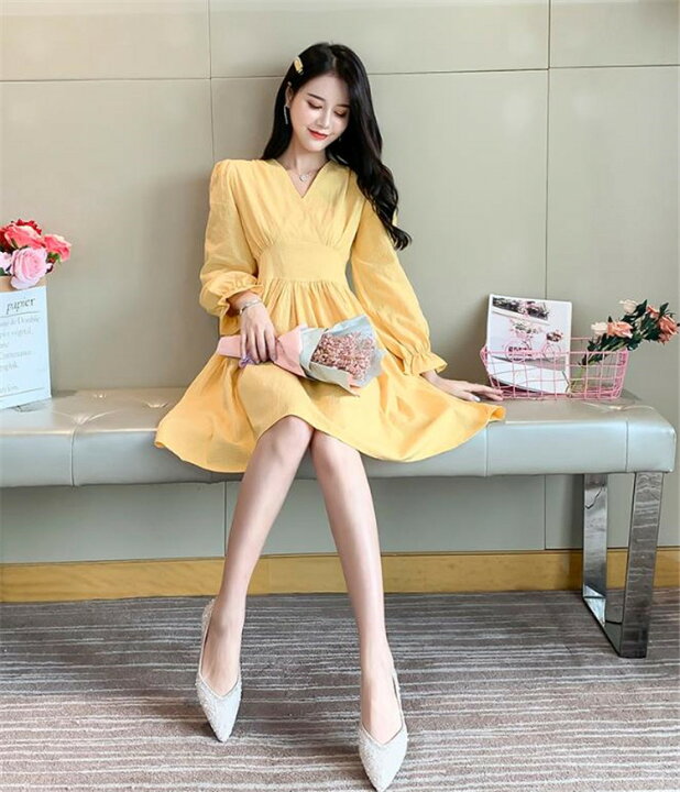 楽天市場 海外セレブ おしゃれ 韓国ファッション Vネック ミニスカート ワンピース 長袖 ホーンスリーブ K T グリンファクトリー