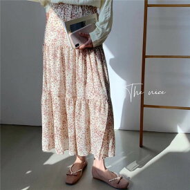 韓国ファッション レトロ フローラル スカート ハイウエスト[K](T)