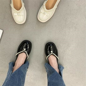 韓国ファッション 浅い口 ラウンドトゥ パール 装飾 シングルシューズ 滑り止め 柔らかい底 小さな革の靴(T)