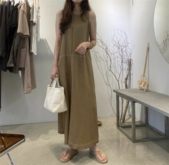楽天市場 簡単おしゃれにえる服 韓国ファッション カジュアル 袖なし コットン リネン ロング ワンピース Jk T グリンファクトリー