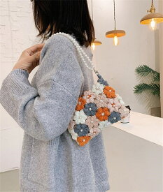 簡単スタイルアップ 韓国ファッション ショルダーバッグ 真珠 トレンド ニットバッグ[K](T)