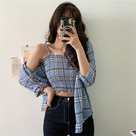 人目を引く美人 韓国ファッション ベアトップ シャツ タンクトップ 伸縮性 格子縞 セット[K](T)