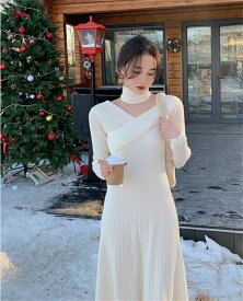 韓国ファッション デザイン Vネック ニットワンピース フレンチスタイル インナースカート(T)