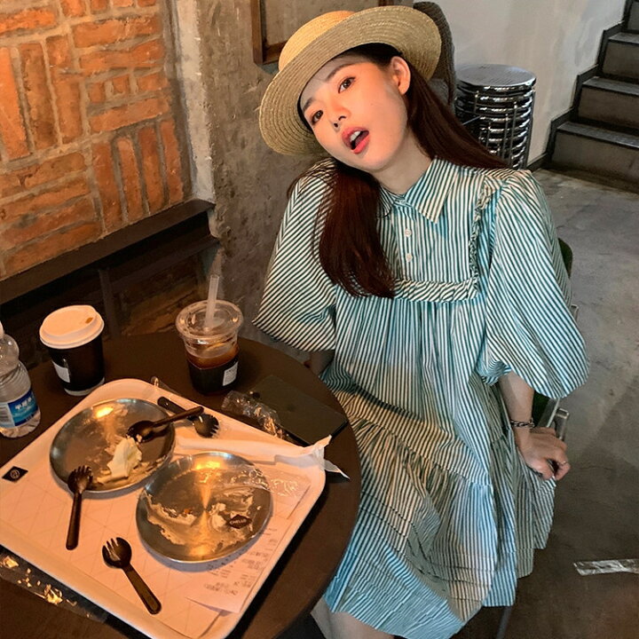 楽天市場 韓国ファッション ジェントル 可愛い系 ワンピース おしゃれ シャツ パフスリーブ ドールスカート T グリンファクトリー