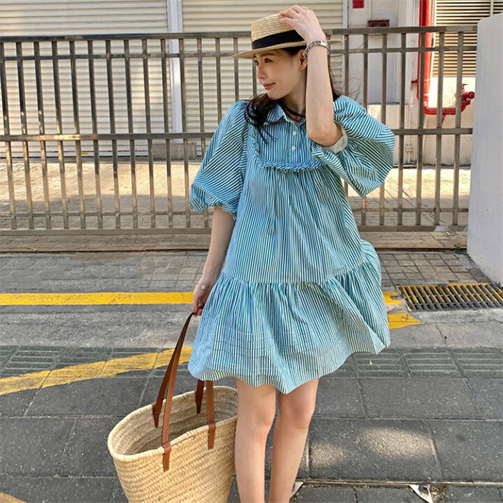 楽天市場 韓国ファッション ジェントル 可愛い系 ワンピース おしゃれ シャツ パフスリーブ ドールスカート T グリンファクトリー