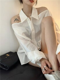 素敵なデザイン 韓国ファッション ホルターネック スリム 長袖 シャツ オフショルダー ギャザリング[K](T)