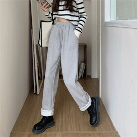 韓国ファッション 伸縮性のあるウエスト ロングパンツ スリム カジュアルパンツ ワイドパンツ(T)