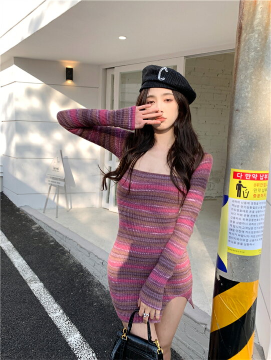 楽天市場 体のラインが綺麗にみえます 韓国ファッション ニットワンピース 長袖 ミニスカート タイトスカート K T グリンファクトリー