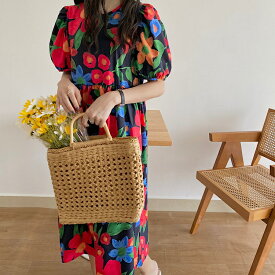 スタイルアップ効果も ワンピース 可愛い スリム パフスリーブ お出かけ ロングスカート[K](T)
