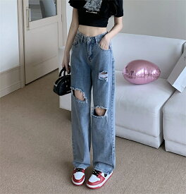 韓国ファッション リップドジーンズ ハイウエスト ドレープ ロングパンツ ストレートパンツ[K](T)