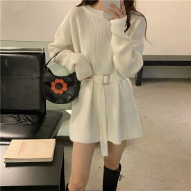 長袖レースアップスリムミニスカートセーターワンピース (T)