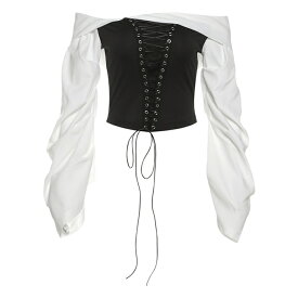 ブラウス 腰を締める 長袖 上着 バンディング トップス ストライプ (T)