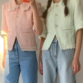 可愛い シンプル半袖シャツ ツイード服地 コート 折り襟 シングルブレスト ブラウス[K](T)