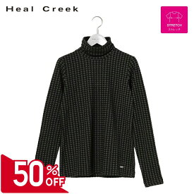 【50％OFFセール】Heal Creek トップス 長袖 シャツ ハイネック ヒールクリーク 2WAY 総柄 千鳥柄 ジャカード 起毛タッチ メタルプレート レディース レディースウェア ゴルフ 高級 ラグジュアリー ゴルフウェア スポーツウェア アウトドア 秋冬 ストレッチ ブラック 40 42